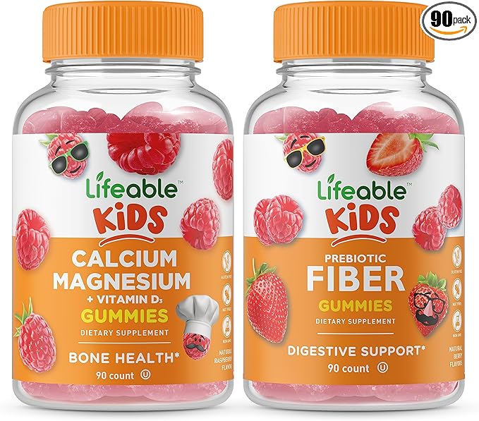 Lifeable Calcium Magnesium Kids + Prebiotic Fiber Kids, Gummies Bundle - Great Tasting, Vitamin Supplement, Gluten Free, GMO Free, Chewable Gummy