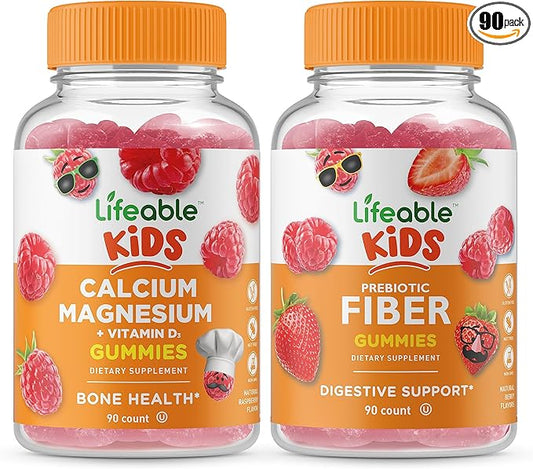 Lifeable Calcium Magnesium Kids + Prebiotic Fiber Kids, Gummies Bundle - Great Tasting, Vitamin Supplement, Gluten Free, GMO Free, Chewable Gummy