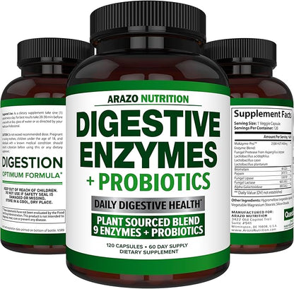 Digestive Enzymes with Probiotics - Multi Enzyme Nutritional Supplement - Acidophilus Bromelain Papaya Papain Lipase & Lactase - Improve Digestion - 120 Pills - Arazo Nutrition