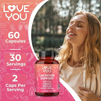 Love You Lactation Support – 2,000 mg Per Serving – Goat’s Rue, Fenugreek, Milk Thistle, Fennel, Nettle Root & Moringa Leaf – 60 Vegan Capsules – 30-Day Supply – Herbal Formula