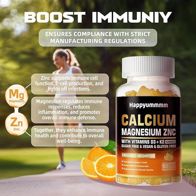Calcium Magnesium Zinc Gummies with Vitamin D3 & K2 - High Potency Enhanced Absorption -60 Orange Gummies Flavored.