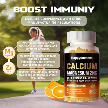 Calcium Magnesium Zinc Gummies with Vitamin D3 & K2 - High Potency Enhanced Absorption -60 Orange Gummies Flavored.