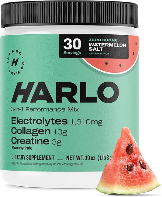 Harlo - Watermelon Salt Electrolyte Drink Mix w/Bovine Collagen & Creatine - Creatine Monohydrate Powder - Energy Drink Powder - Pre Workout Powder - Sugar Free Energy Drinks - Post Workout Recovery