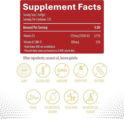 KEN Liposomal Vitamin D3 5000 IU + K2 (MK7) 100mcg, Bone Support Supplement, Enhanced Calcium Absorption, Supports Immune Function, Coconut Oil, No Seed Oil, Non-GMO 120 Halal Bovine Softgels