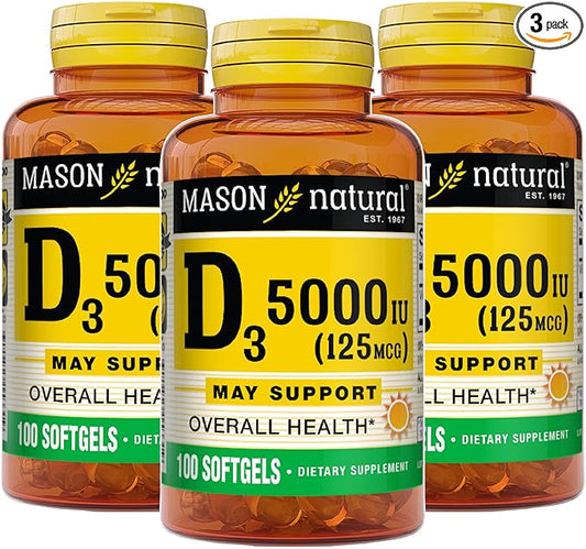 MASON NATURAL Vitamin D3 125 mcg (5000 IU) - Supports Overall Health, Strengthens Bones and Muscles, from Fish Liver Oil, 50 Softgels