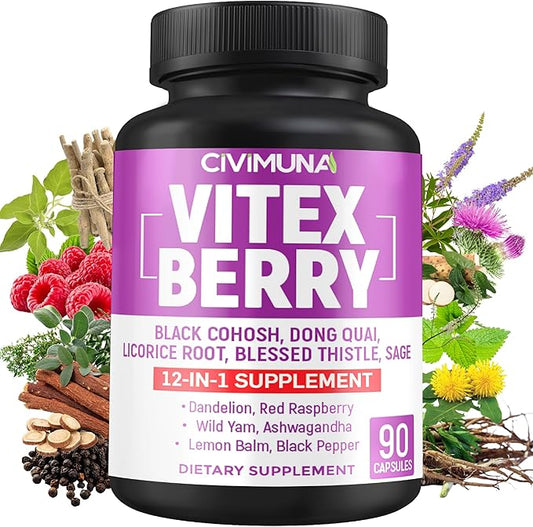 Vitex Berry Extract Capsules with Vitex Berry, Black Cohosh Root, Dong Quai Root and More - 90 Capsules for 3 Months Supply