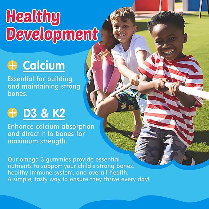 Kids Omega 3 Gummies with Calcium, Vitamin D3 & K2, C, Omega-3 DHA Gummies for Focus and Memory, Bone Health & Immune Support, Kids Omega3 Supplement - No Fish Taste, Non-GMO, Chewable, 2 Pack