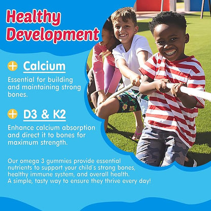 Kids Omega 3 Gummies with Calcium, Vitamin D3 & K2, C, Omega-3 DHA Gummies for Focus and Memory, Bone Health & Immune Support, Kids Omega3 Supplement - No Fish Taste, Non-GMO, Chewable, 2 Pack