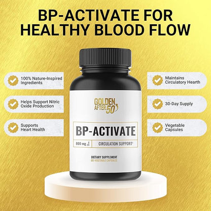 Golden After 50 BP-Activate - Nitric Oxide Supplement with Essential Amino Acids - Blood Circulation and Heart Health Support Supplement - 60 Capsules - 800mg L Arginine, AAKG, L Citrulline