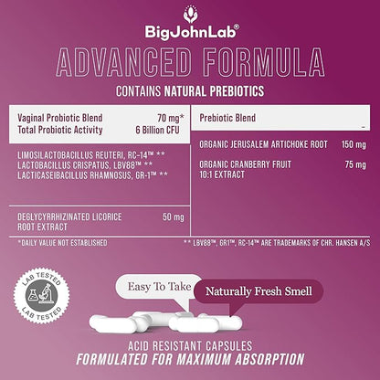 BIGJOHNLAB® - Women’s Vaginal Probiotics – PH Balance, Odor Control, Yeast, Microbiome & Feminine Health – 6B CFU, Licorice Root – Clinically Tested for Freshness & Balance – 30 CT