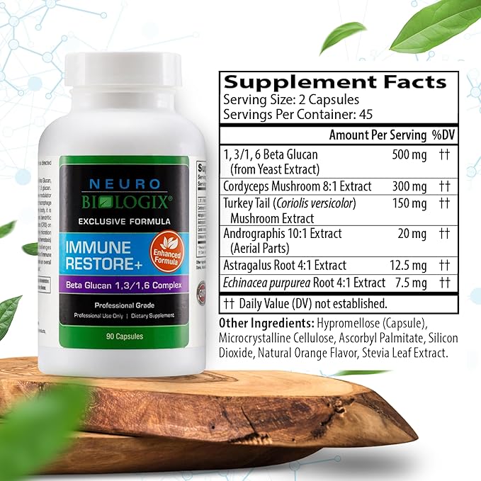 Immune Restore+ - Contains Beta Glucan 1,3/1,6 Complex & Herbal Extracts for Immune Support - Supports T-Cell & Macrophage Activity - With Cordyceps, Astragalus, Turkey Tail & Echinacea - 90 Capsules