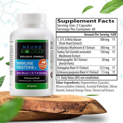 Immune Restore+ - Contains Beta Glucan 1,3/1,6 Complex & Herbal Extracts for Immune Support - Supports T-Cell & Macrophage Activity - With Cordyceps, Astragalus, Turkey Tail & Echinacea - 90 Capsules