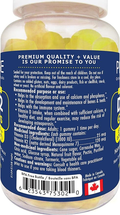 Promise D3+K2 Vitamin Gummy, 1000IU Vitamin D3 + 120mcg VIT K2 as MK-7, Natural Tropical Fruit Flavour, Made in Canada (60 Gummies)