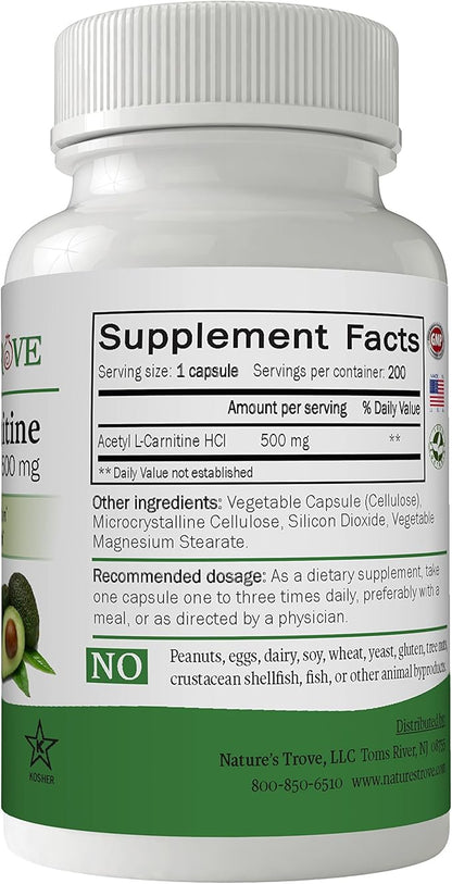 Nature's Trove Acetyl L-Carnitine (ALCAR) 500 mg 200 Vegetarian Capsules