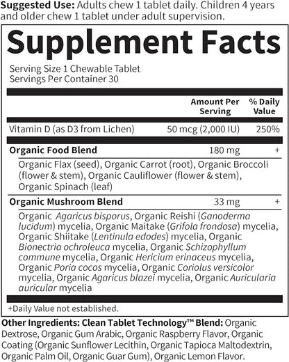 Garden of Life Organics Vegan Vitamin D3 Chewable - Raspberry Lemon, 2,000 IU (50mcg) Whole Food Vitamin D3 from Lichen Plus Food & Mushroom Blend, Gluten Free, 30 Chewable Tablets