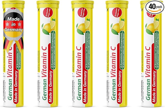 T&D German Vitamin C 180 mg - 40 Vegan Drink Effervescent Tablets - Lemon Lime Flavor - Made in Germany