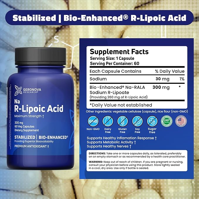 Bio-Enhanced R-Lipoic Acid, 300 mg Capsules - 6 Month Supply - Stabilized R Alpha Lipoic Acid with Enhanced Absorption - R Lipoic Acid Supplement - 180 Count