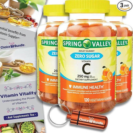 Spring Valley Zero Sugar Vitamin C Gummies Dietary Supplement 250 mg 120 Ct 3 pk (360 Total) + Vitamin Guide & Pill Container (5 Items)!