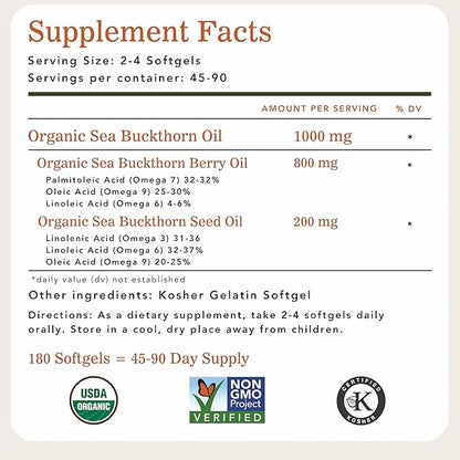 Organic Sea Buckthorn Oil, Omega-7 Complete Softgels, 180 Count, with Omega 3, 6 & 9, Supports Hair, Skin & Nail Health, 1000mg per Serving