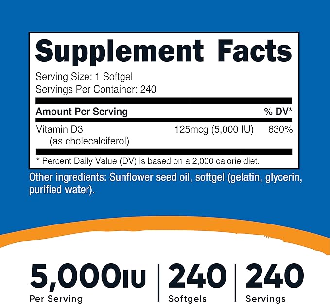Nutricost Vitamin D3 5,000 IU, 240 Softgels (3 Bottles)