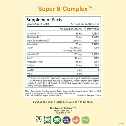 PURE SYNERGY Super B-Complex | Vitamin B Complex Made with Organic Whole Foods | Vegan Supplement with Natural Vitamin B12, Niacin, and Folate | for Energy, Focus and Mood Support (60 Tablets)
