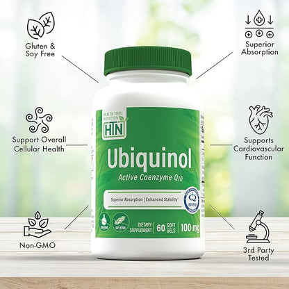 Health Thru Nutrition Ubiquinol 100mg 60 Softgels as Kaneka QH Reduced CoQ-10 | Stabilized - 3rd Party Tested | Enhanced Bioavailability | Cardiovascular & Mitochondria Function Support | Non-GMO