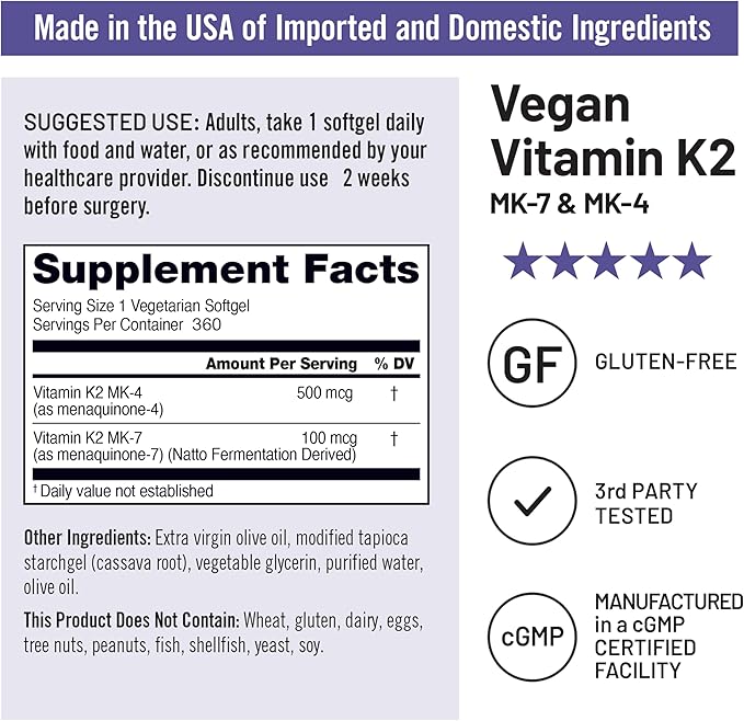 NatureWise Vitamin K2 Supplement with MK-7 100mcg and MK-4 500mcg - Enhanced Bioavailable Formula - K Complex for Bone and Heart Health - Vegan, Gluten Free, Non-GMO - 360 Softgels[1-Year Supply]