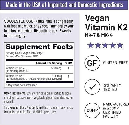 NatureWise Vitamin K2 Supplement with MK-7 100mcg and MK-4 500mcg - Enhanced Bioavailable Formula - K Complex for Bone and Heart Health - Vegan, Gluten Free, Non-GMO - 360 Softgels[1-Year Supply]