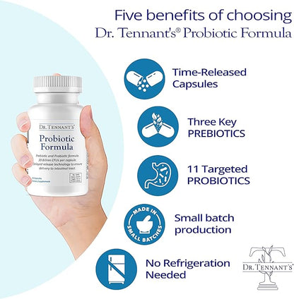 Dr. Tennant's Probiotic Formula with Prebiotics | 30 Billion CFUs | Time-Release, Acid-Resistant, Vegan Capsules | Gluten-Free, Dairy-Free, No Refrigeration Needed