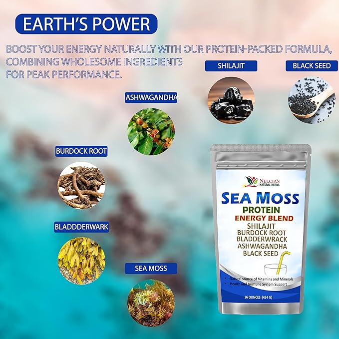 Nelcia'S Natural Herbs Sea Moss Ashwagandha Protein Powder -Natural Irish Sea Moss, Bladderwrack and Burdock Root, Black Seed and Shilajit Powder (16oz)