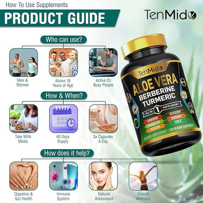 Aloe Vera Capsules Supplement - 12in1 Formula - Combine with Berberine, Turmeric, Ceylon Cinnamon, Banaba Leaf, Gymnema Sylvestre, Acai Berry, Bergamot, Garlic, and More - 120 Capsules
