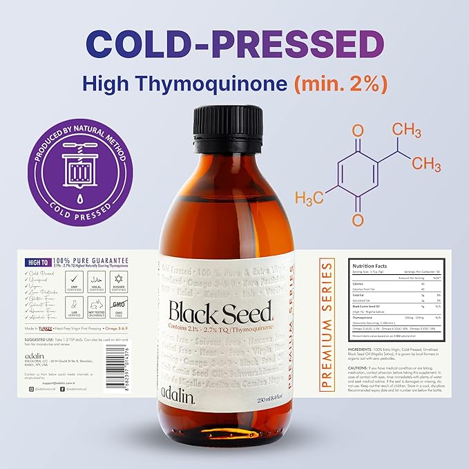 adalin Black Seed Oil Liquid 16.8 fl oz | Nigella Sativa Seed Oil | High Thymoquinone | Cold Pressed | Glass Bottle | Blackseed | Vegan | Gluten Free