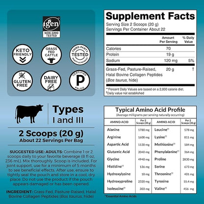 Hydrolyzed Collagen Peptides Powder - 1 lb Grass-Fed & Pasture-Raised Collagen for Women, Type I & III Unflavored Bovine Collagen Powder for Men, Collagen Protein Powder For Hair, Skin, & Nails