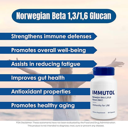 Immutol Immune Support Supplement with 750mg of Beta Glucan 1,3 1,6 - Natural Ingredients, High Potency to Boost Immunity and Overall Wellness, 60 Capsules (120)