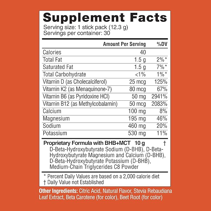 Real Ketones MCT & BHB Exogenous Ketones Drink Mix Packets Elevate Keto Electrolytes Powder Packets No Sugar with 4 Main Electrolytes Plus Hydrating Proprietary Keto BHB - 30 Pack Orange
