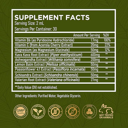 Kava Kava Ashwagandha Extract Liquid Drops - Calming Adaptogen Tincture Supplement with Valerian Root Passionflower Lemon Balm for Mood Sleep Stress Support - Alcohol-Free Vegan Gluten-Free Non-GMO