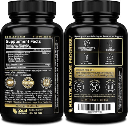 Multi Collagen Peptides Pills (Types Ⅰ,Ⅱ,Ⅲ,Ⅴ,Ⅹ) Grass Fed Collagen Pills (180 Capsules) - Hydrolysate Collagen Protein Blend for Hair, Skin, Nails, and Joint Support - Collagen Pills for Women