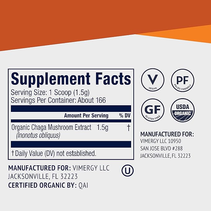 Vimergy USDA Organic Wild Chaga Mushroom Extract Powder, 166 Servings – Ideal in Chaga Tea, Coffee, Smoothies – Cardiovascular Support - Kosher, Vegan, No Gluten, Paleo - Pure Chaga, No Fillers (250g)