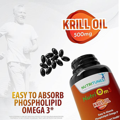 NutriOm3-500mg Antarctic Krill Oil Omega 3 Supplement for Cardiovascular Health - Easy Absorb Heart Supplement with Omega-3, EPA, DHA - Non-GMO, GMP-Certified, Allergen-Free - 60 Softgels