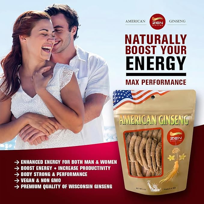 Zen Ginseng - 4 oz Bag of American Wisconsin Ginseng Root - Non-GMO, Gluten Free. Add This Ginseng in Soup, Tea, Coffee, juices, Smoothies and Baking (Small Long Root 4 oz Bag)