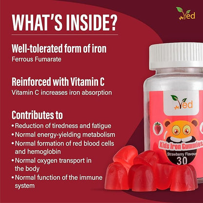 Ved Kids Iron Gummies for Iron Supplement, Energy & Immune System – Vegan - 15 Days Supply, 30 Chewable Kids Vitamins Gummies.(15 Days Supply)