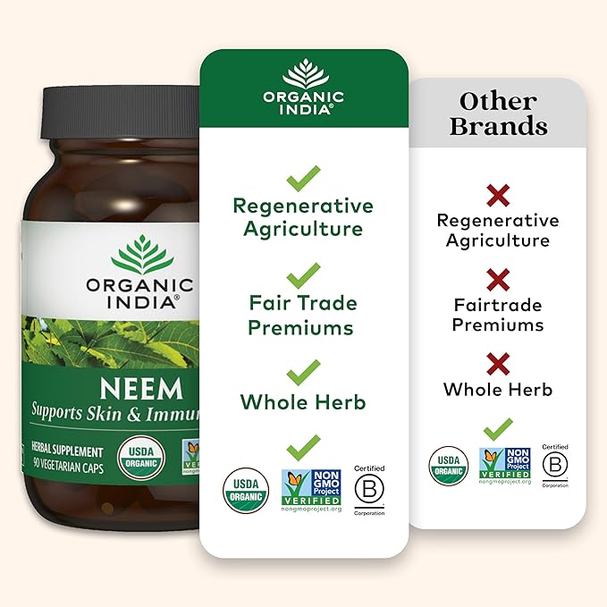 ORGANIC INDIA Neem Leaf Capsules, Herbal Supplement - Supports Skin, Immune, & Liver Health, Detox, Vegan, Gluten-Free, USDA Certified Organic - 90 Capsules (2-Pack)