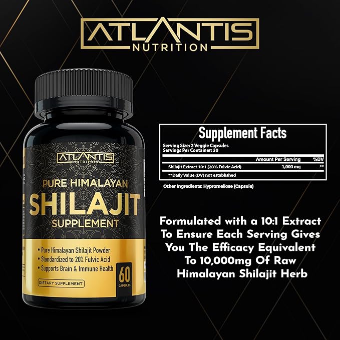 Atlantis Nutrition Himalayan Shilajit Capsules Formulated with 20% Fulvic Acid | 10:1 Extract Providing 10,000mg D.H.E. | USA Made | Himalayan Shilajit Supplement for Men & Women | 60 Capsules