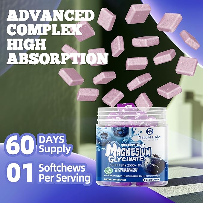 Magnesium Glycinate Soft Chews, Blueberry Flavor.Chewable Sugar Free Potassium Magnesium Chews with Magnesium Glycinate, Vitamin D, B6, and CoQ10 for Calm Support & Sleep for Adults, 60 Days Supply