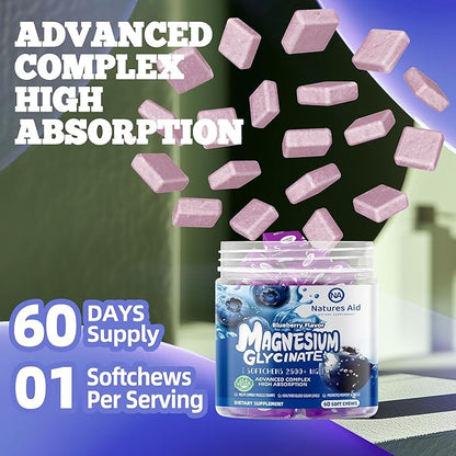 Magnesium Glycinate Soft Chews, Blueberry Flavor.Chewable Sugar Free Potassium Magnesium Chews with Magnesium Glycinate, Vitamin D, B6, and CoQ10 for Calm Support & Sleep for Adults, 60 Days Supply