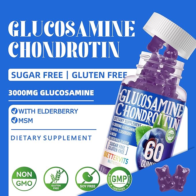Glucosamine Chondroitin Gummies with MSM & Elderberry Extra Strength - Joint Support, Antioxidant Immune Support Supplement for Adults, Men & Women.60 Blueberry Gummies