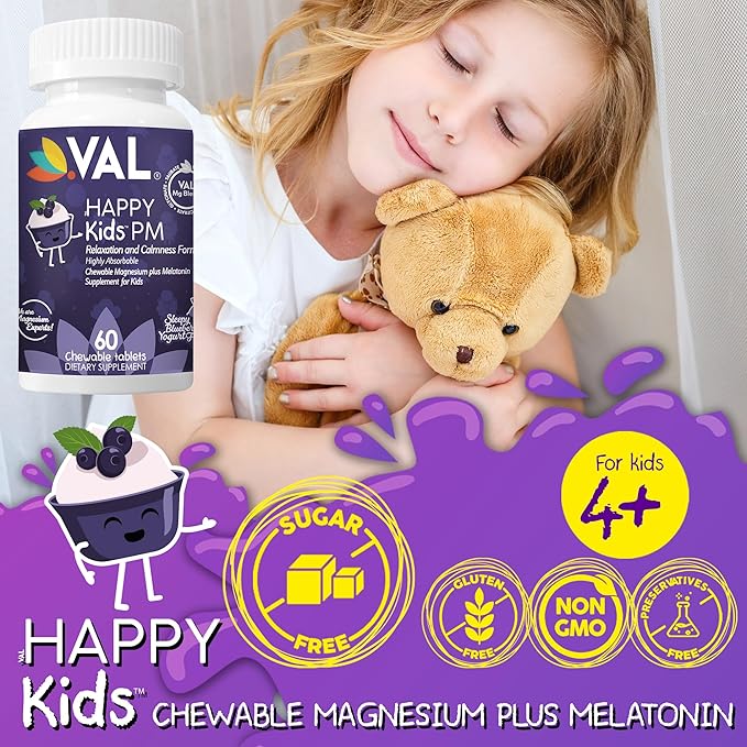 VAL Sugar-Free Calm Magnesium for Kids PM Chewable Tablets | Magnesium Glycinate, Citrate & Taurate | Melatonin & Vitamins B6 & C | Bedtime Support | Non-GMO | Blueberry Yogurt Flavor | 60 Count