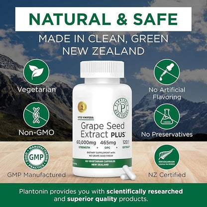 Grape Seed Extract 500 mg with 93% Polyphenols - 120:1 60,000mg Strength, 60 Capsules - 2 Months Supply - GMO & Gluten Free - Polyphenols Extracts