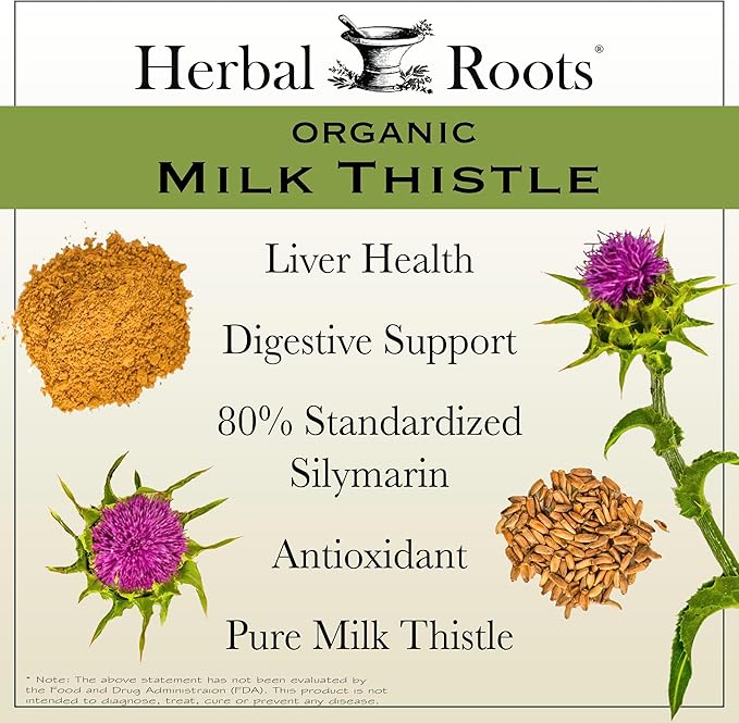 Herbal Roots Milk Thistle Capsules | Extra Strength 80% Silymarin Herbal Supplement | Made with Pure Organic Milk Thistle | Vegan and GMO Free