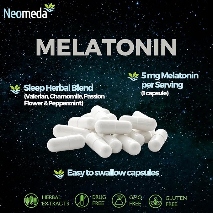 Melatonin Sleep Herbal Blend - Natural Support for Restful Nights with 5mg Melatonin & Calming Herbs - Drug-Free Dietary Supplement, 60 Capsules, 60-Day Supply